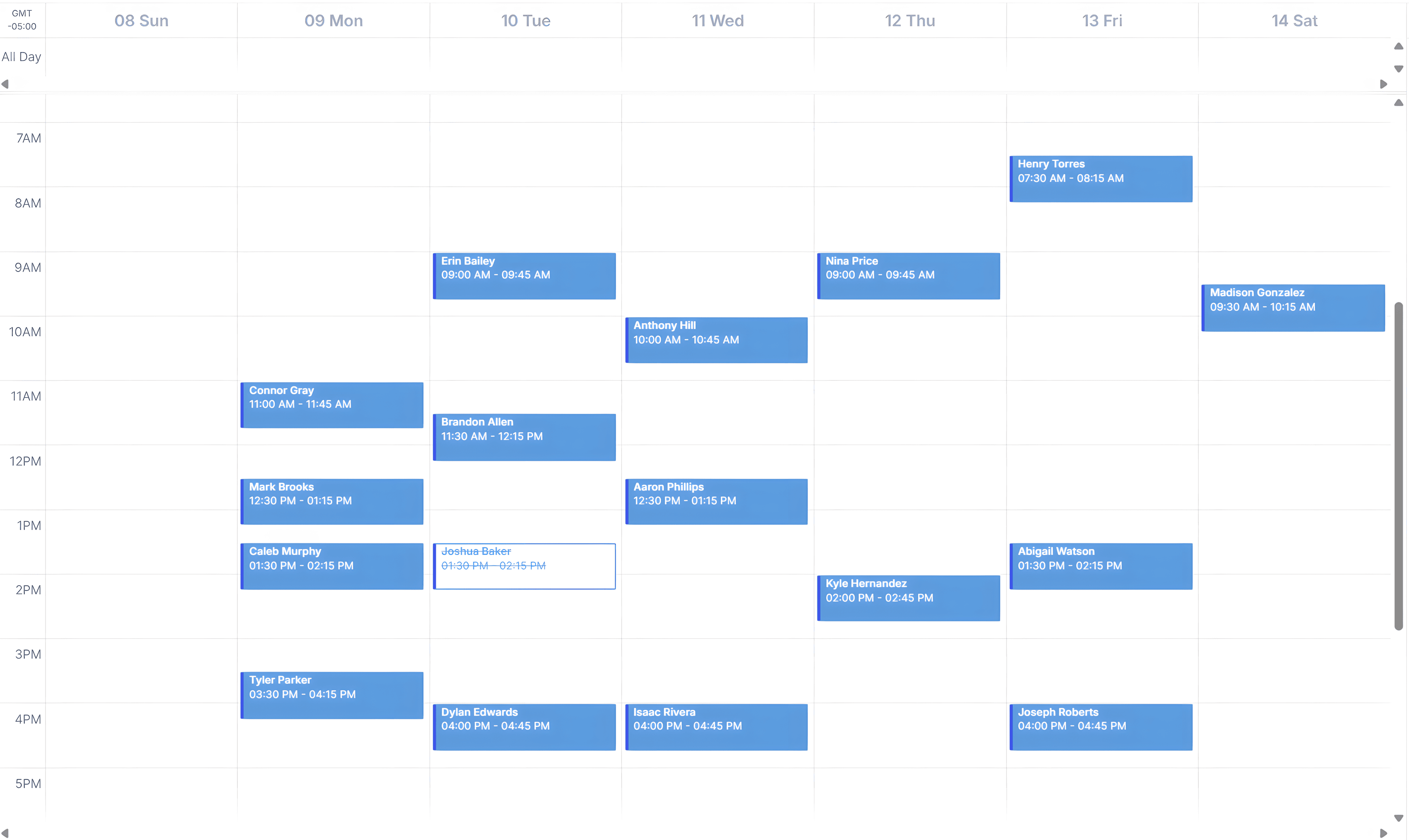 Calendar showing multiple booked appointments across a work week.
